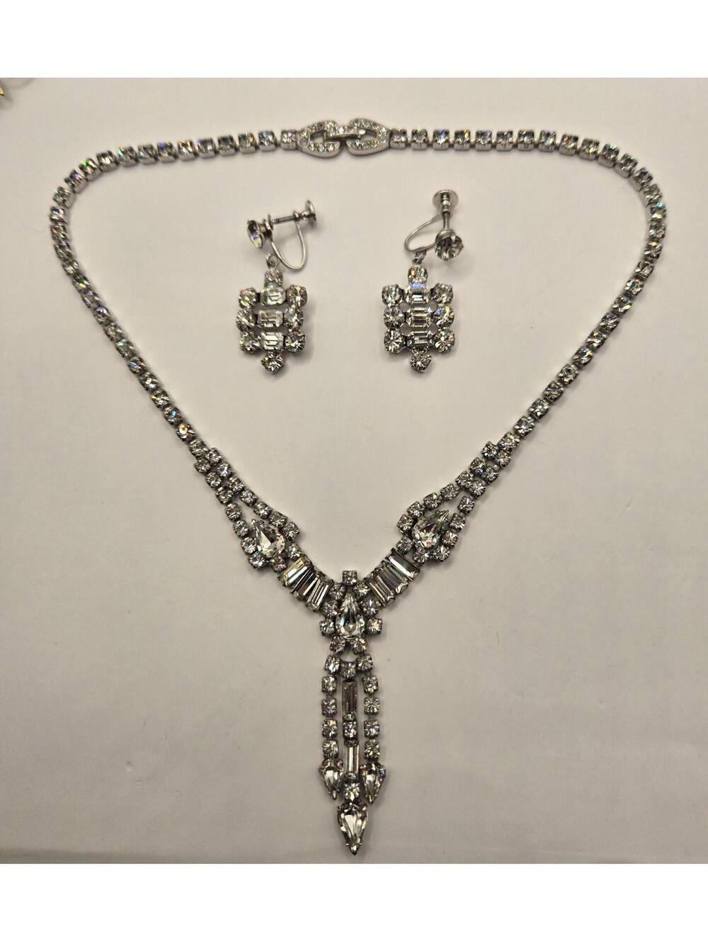 1950s KRAMER Silver tone Necklace Earrings Jewelry Set rhinestone tassel drop